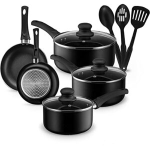 aheim pots and pans set, aluminum nonstick cookware set, fry pans, casserole with lid, sauce pan, and utensils, 11 piece cooking set (black)