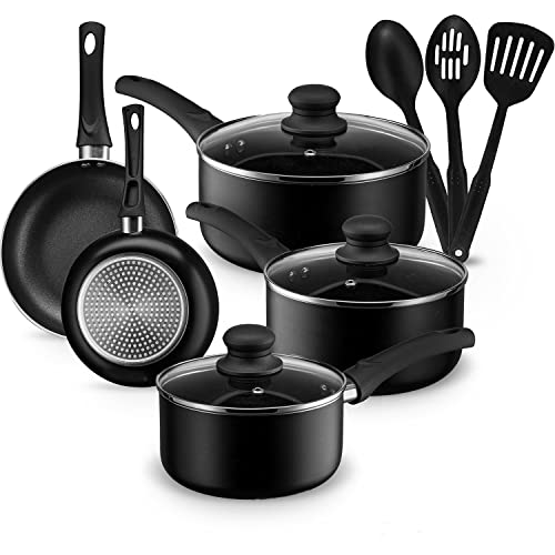 AHEIM Pots and Pans Set, Aluminum Nonstick Cookware Set, Fry Pans, Casserole with Lid, Sauce Pan, and Utensils, 11 Piece Cooking Set (Black)