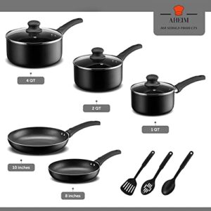 AHEIM Pots and Pans Set, Aluminum Nonstick Cookware Set, Fry Pans, Casserole with Lid, Sauce Pan, and Utensils, 11 Piece Cooking Set (Black)