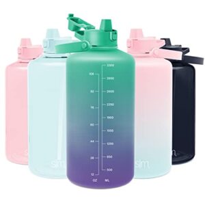 simple modern 1 gallon 128 oz water bottle with push button silicone straw lid & motivational measurement marker | large reusable tritan plastic water jug | summit collection | tropical seas