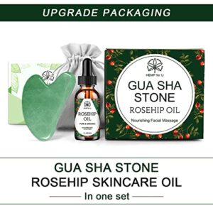 Gua Sha Massage Tools & Rosehip Oil in One Set, Nature Jade Stone Facial Gua sha Products for Skin Massage, Beauty and Moisturizing - with Nice Travel Pouch