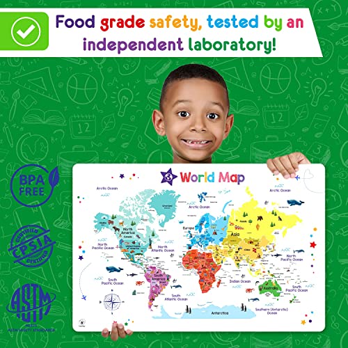 Simply Magic Discovery Set of 5 Educational Placemats for Kids - Kids Placemats Non Slip for Dining Table, Wipeable Reusable Plastic Placemats for Kids: USA, World Map, Periodic Table, Solar System