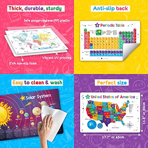 Simply Magic Discovery Set of 5 Educational Placemats for Kids - Kids Placemats Non Slip for Dining Table, Wipeable Reusable Plastic Placemats for Kids: USA, World Map, Periodic Table, Solar System