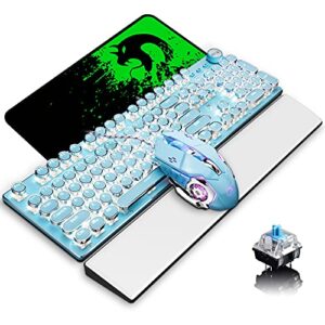 wired mechanical gaming keyboard and mouse with keyboard wrist rest,retro steampunk typewriter backlit keyboard blue switch,memory foam wrist rest pain relief gaming mouse for gamer,typist(blue)