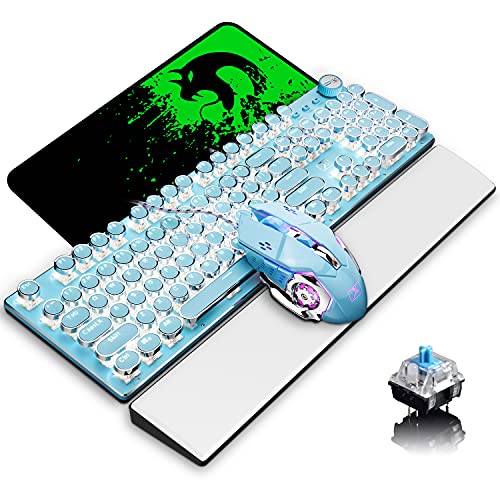 Wired Mechanical Gaming Keyboard and Mouse with Keyboard Wrist Rest,Retro Steampunk Typewriter Backlit Keyboard Blue Switch,Memory Foam Wrist Rest Pain Relief Gaming Mouse for Gamer,Typist(Blue)