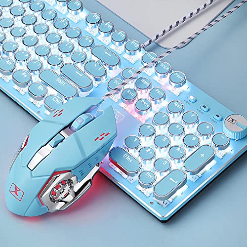 Wired Mechanical Gaming Keyboard and Mouse with Keyboard Wrist Rest,Retro Steampunk Typewriter Backlit Keyboard Blue Switch,Memory Foam Wrist Rest Pain Relief Gaming Mouse for Gamer,Typist(Blue)