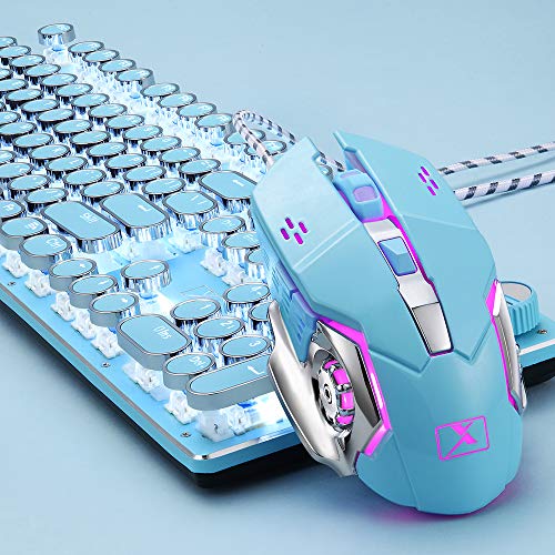 Wired Mechanical Gaming Keyboard and Mouse with Keyboard Wrist Rest,Retro Steampunk Typewriter Backlit Keyboard Blue Switch,Memory Foam Wrist Rest Pain Relief Gaming Mouse for Gamer,Typist(Blue)