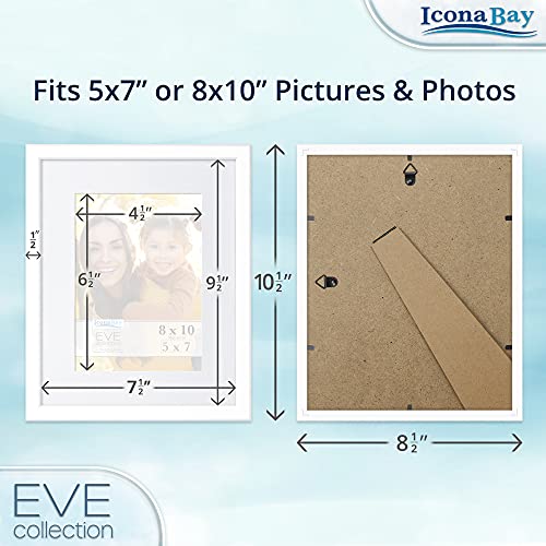 Icona Bay 8x10 White Picture Frame w/Removable Mat to 5x7, Modern Double-Beveled Frame, Tabletop or Wall Mount, Eve Collection