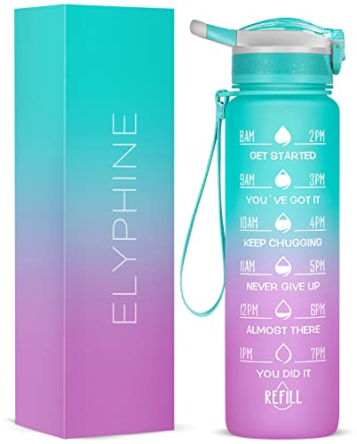 ELYPHINE 32/24 oz Water Bottles with Removable Straw & Time Marker, Motivational Sports Bottles with BPA Free Tritan Material, Leakproof Water Jug for Fitness