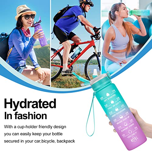 ELYPHINE 32/24 oz Water Bottles with Removable Straw & Time Marker, Motivational Sports Bottles with BPA Free Tritan Material, Leakproof Water Jug for Fitness