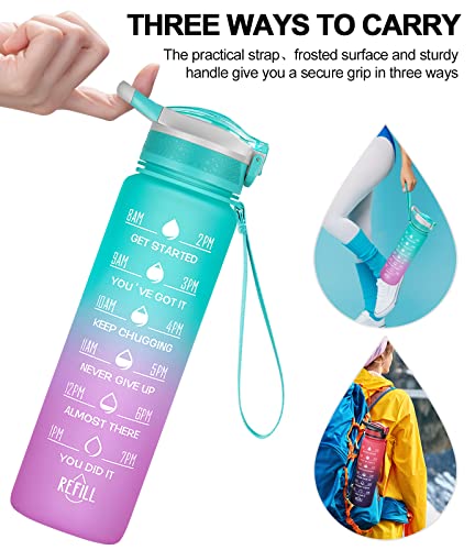 ELYPHINE 32/24 oz Water Bottles with Removable Straw & Time Marker, Motivational Sports Bottles with BPA Free Tritan Material, Leakproof Water Jug for Fitness