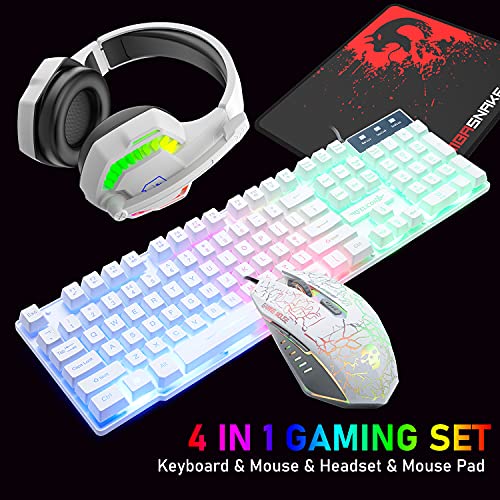 Wired Gaming Keyboard and Mouse Headset Combo,Rainbow LED Backlit Wired Keyboard,Over Ear Headphone with Mic,Rainbow Backlit Gaming Mice,Mouse Pad,for PC,Laptop,Mac,PS4,Xbox(White)