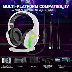 Wired Gaming Keyboard and Mouse Headset Combo,Rainbow LED Backlit Wired Keyboard,Over Ear Headphone with Mic,Rainbow Backlit Gaming Mice,Mouse Pad,for PC,Laptop,Mac,PS4,Xbox(White)