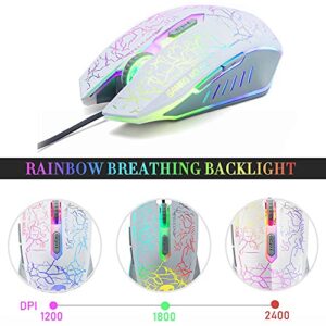 Wired Gaming Keyboard and Mouse Headset Combo,Rainbow LED Backlit Wired Keyboard,Over Ear Headphone with Mic,Rainbow Backlit Gaming Mice,Mouse Pad,for PC,Laptop,Mac,PS4,Xbox(White)