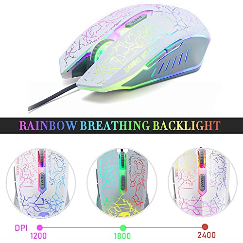 Wired Gaming Keyboard and Mouse Headset Combo,Rainbow LED Backlit Wired Keyboard,Over Ear Headphone with Mic,Rainbow Backlit Gaming Mice,Mouse Pad,for PC,Laptop,Mac,PS4,Xbox(White)