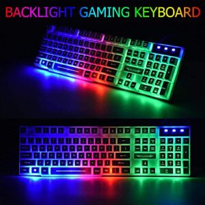 Wired Gaming Keyboard and Mouse Headset Combo,Rainbow LED Backlit Wired Keyboard,Over Ear Headphone with Mic,Rainbow Backlit Gaming Mice,Mouse Pad,for PC,Laptop,Mac,PS4,Xbox(White)