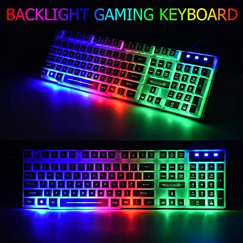 Wired Gaming Keyboard and Mouse Headset Combo,Rainbow LED Backlit Wired Keyboard,Over Ear Headphone with Mic,Rainbow Backlit Gaming Mice,Mouse Pad,for PC,Laptop,Mac,PS4,Xbox(White)