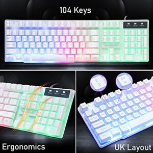 Wired Gaming Keyboard and Mouse Headset Combo,Rainbow LED Backlit Wired Keyboard,Over Ear Headphone with Mic,Rainbow Backlit Gaming Mice,Mouse Pad,for PC,Laptop,Mac,PS4,Xbox(White)