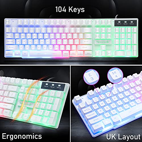 Wired Gaming Keyboard and Mouse Headset Combo,Rainbow LED Backlit Wired Keyboard,Over Ear Headphone with Mic,Rainbow Backlit Gaming Mice,Mouse Pad,for PC,Laptop,Mac,PS4,Xbox(White)