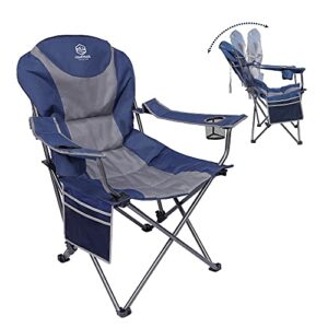 coastrail outdoor reclining camping chair 3 position folding lawn chair for adults padded comfort camp chair with cup holders, head bag and side pockets, supports 350lbs, blue&grey