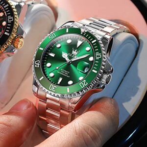 Men Automatic Wirst Watches Self Winding Silver And Green Automatic Watches for Men Mechanical Waterproof Big Face Stainless Steel Date No Battery Watches Man Luminous Submariner Wristwatch Gift