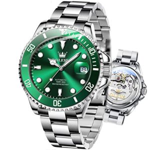 men automatic wirst watches self winding silver and green automatic watches for men mechanical waterproof big face stainless steel date no battery watches man luminous submariner wristwatch gift