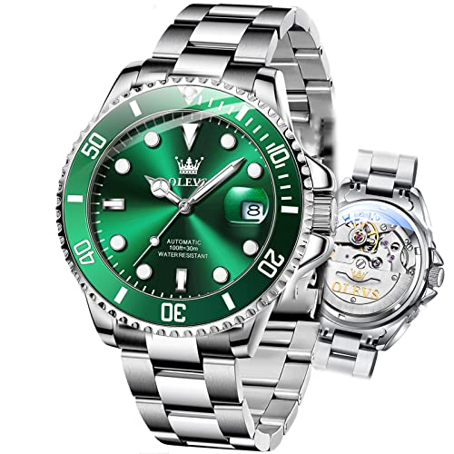 Men Automatic Wirst Watches Self Winding Silver And Green Automatic Watches for Men Mechanical Waterproof Big Face Stainless Steel Date No Battery Watches Man Luminous Submariner Wristwatch Gift