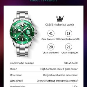 Men Automatic Wirst Watches Self Winding Silver And Green Automatic Watches for Men Mechanical Waterproof Big Face Stainless Steel Date No Battery Watches Man Luminous Submariner Wristwatch Gift