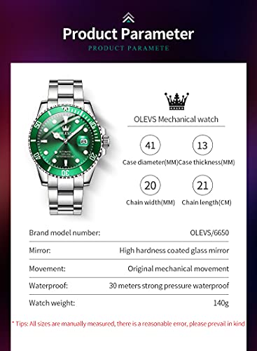 Men Automatic Wirst Watches Self Winding Silver And Green Automatic Watches for Men Mechanical Waterproof Big Face Stainless Steel Date No Battery Watches Man Luminous Submariner Wristwatch Gift