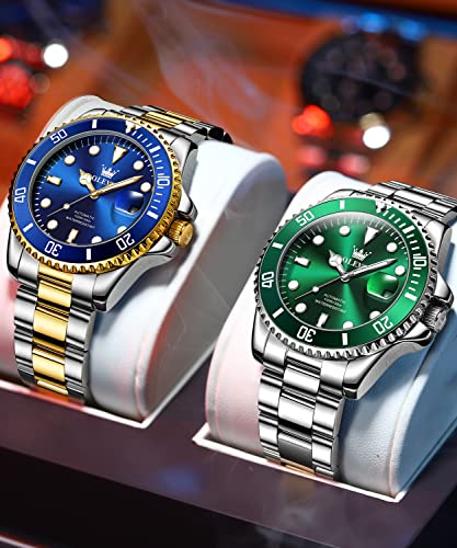 Men Automatic Wirst Watches Self Winding Silver And Green Automatic Watches for Men Mechanical Waterproof Big Face Stainless Steel Date No Battery Watches Man Luminous Submariner Wristwatch Gift