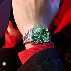 Men Automatic Wirst Watches Self Winding Silver And Green Automatic Watches for Men Mechanical Waterproof Big Face Stainless Steel Date No Battery Watches Man Luminous Submariner Wristwatch Gift