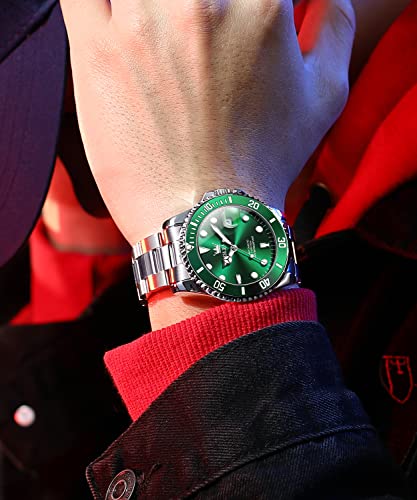 Men Automatic Wirst Watches Self Winding Silver And Green Automatic Watches for Men Mechanical Waterproof Big Face Stainless Steel Date No Battery Watches Man Luminous Submariner Wristwatch Gift