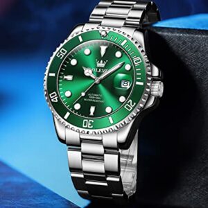 Men Automatic Wirst Watches Self Winding Silver And Green Automatic Watches for Men Mechanical Waterproof Big Face Stainless Steel Date No Battery Watches Man Luminous Submariner Wristwatch Gift