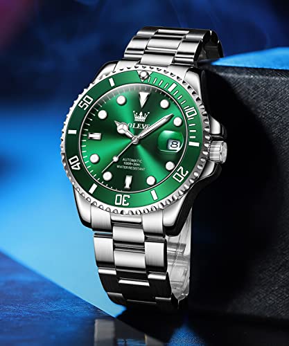 Men Automatic Wirst Watches Self Winding Silver And Green Automatic Watches for Men Mechanical Waterproof Big Face Stainless Steel Date No Battery Watches Man Luminous Submariner Wristwatch Gift