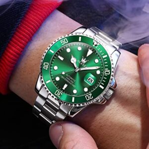 Men Automatic Wirst Watches Self Winding Silver And Green Automatic Watches for Men Mechanical Waterproof Big Face Stainless Steel Date No Battery Watches Man Luminous Submariner Wristwatch Gift