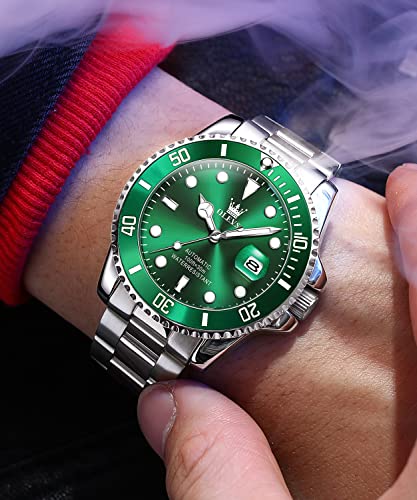 Men Automatic Wirst Watches Self Winding Silver And Green Automatic Watches for Men Mechanical Waterproof Big Face Stainless Steel Date No Battery Watches Man Luminous Submariner Wristwatch Gift