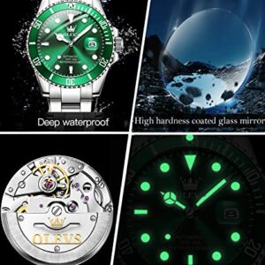 Men Automatic Wirst Watches Self Winding Silver And Green Automatic Watches for Men Mechanical Waterproof Big Face Stainless Steel Date No Battery Watches Man Luminous Submariner Wristwatch Gift