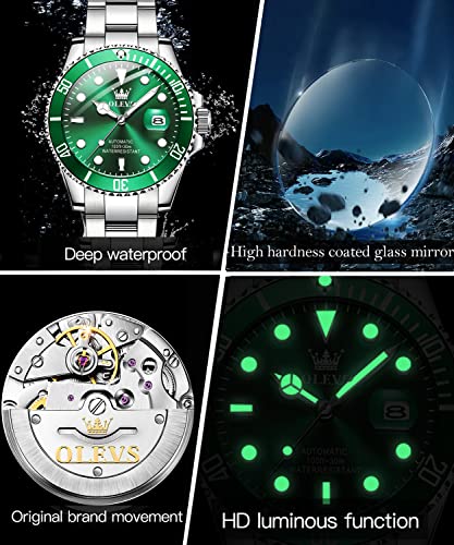 Men Automatic Wirst Watches Self Winding Silver And Green Automatic Watches for Men Mechanical Waterproof Big Face Stainless Steel Date No Battery Watches Man Luminous Submariner Wristwatch Gift