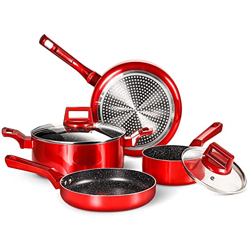 6 Pcs Pots and Pans Sets, Nonstick Cookware Set, Induction Pan Set, Chemical-Free Kitchen Sets, Stone-Derived Coating, Saucepan, Stock Pot, Frying Pan, Red