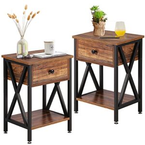 vecelo set of 2 nightstands x-design side night stand storage shelf with bin living room bedroom,vintage brown, end table with drawer