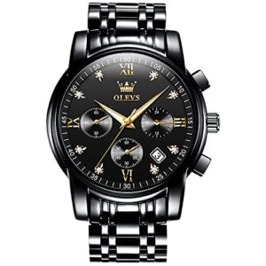 olevs men watches with date bussiness watches for male luminous quartz mens watches waterproof with stainless steel strap stopwatch timing function (black band black dial)