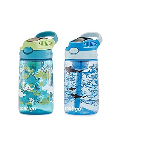 Kids Water Bottle with AUTOSPOUT Straw, 14 oz., Dinos & Sharks, 2-Pack