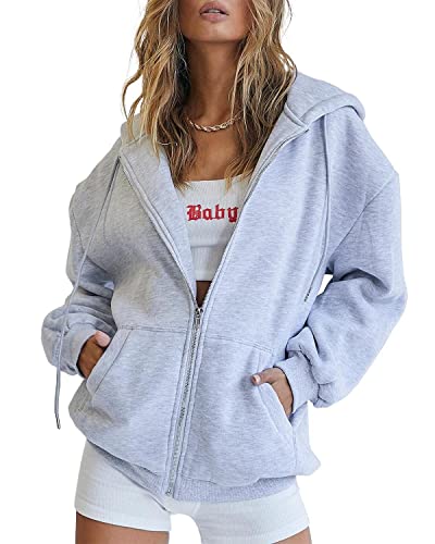 EFAN Women's Oversized Zip Up Hoodie Lightweight Jacket 2023 Sweaters Fall Sweatshirts Casual Drawstring Plus Size Winter Clothes with Pocket Grey