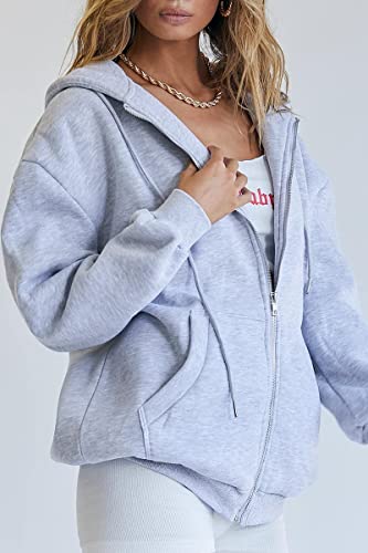 EFAN Women's Oversized Zip Up Hoodie Lightweight Jacket 2023 Sweaters Fall Sweatshirts Casual Drawstring Plus Size Winter Clothes with Pocket Grey