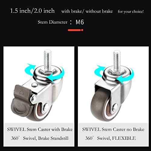 Stem Casters, 360 Degree Swivel Stem TPR Wheels with Metric M6-1.0x15mm Thread Rods Replacement Industrial Castors for Carts, Furniture, Dolly, Workbench (1.5 inch with Brakes)