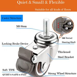 Stem Casters, 360 Degree Swivel Stem TPR Wheels with Metric M6-1.0x15mm Thread Rods Replacement Industrial Castors for Carts, Furniture, Dolly, Workbench (1.5 inch with Brakes)