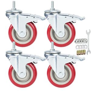 swivel stem casters, heavy duty double-locking castors with red pu wheels quiet and no marking with metric thread rods m10-1.5x25mm 800-1000lb load capacity pack of 4 (4 inch)