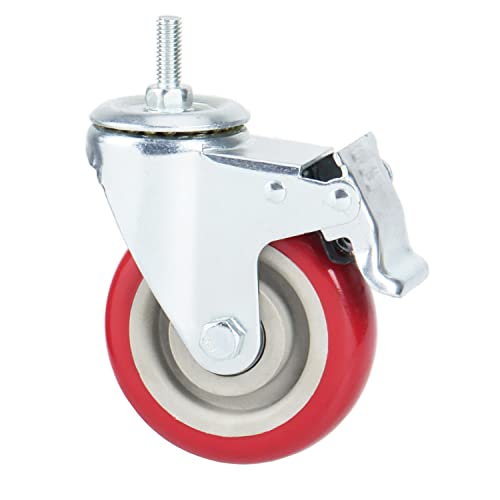 Swivel Stem Casters, Heavy Duty Double-Locking Castors with Red PU Wheels Quiet and No Marking with Metric Thread Rods M10-1.5x25mm 800-1000lb Load Capacity Pack of 4 (4 Inch)