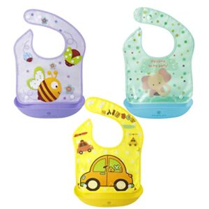 amplim baby feeding bib (3-pack) toddler/baby bibs for eating. waterproof, adjustable, lightweight. eco-friendly peva material. bpa, lead, phthalate, cadmium free