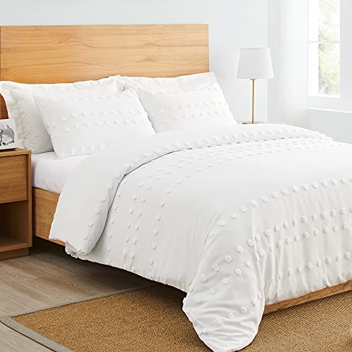 Sweet Jojo Designs Boho Shabby Chic Bohemian Ivory Textured Tufted Duvet Comforter Cover and Sham 3 pc. Full Queen Size Bed Bedding Set Bedroom Neutral Modern Polka Dot Beige Urban Tufted Off White